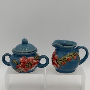 Majolica Pottery Creamer & Sugar Set‎ Turquoise Blue Floral Relief Artist Signed
